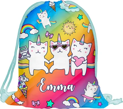 Produktbild von Kinder Turnbeutel mit Namen Beutel Fullprint Tasche Gymsac Jutebeutel Print Bag Fitness Junge Mädchen Caticorn [010]