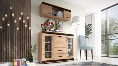 Produktbild von Kombikommode mit Hängeschrank LEON, Wohnzimmerset, Wohnwand, komplett vormontiert - Goldene Eiche mit Wenge-Leisten
