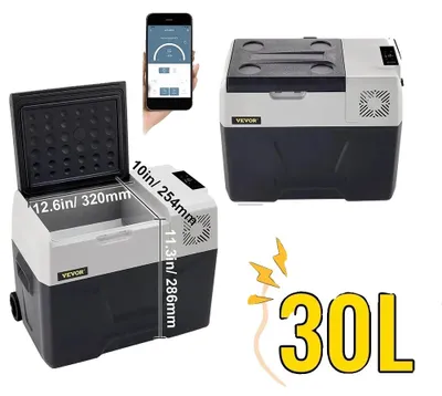 Image de Réfrigérateur de voiture, capacité de 30 litres, plage de température de -20 à 20 °C, tension 12 V/24 V et 220 V, consommation électrique de 45 W, dimensions : 24,8 x 14,9 x 14,8 pouces