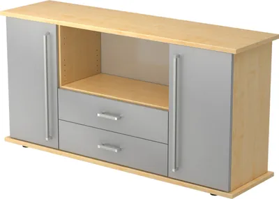 Produktbild von bümö office Sideboard mit 2 Schübe & 2 Türen - Nachbildung Ahorn/Silber, Griff: Chromgriff