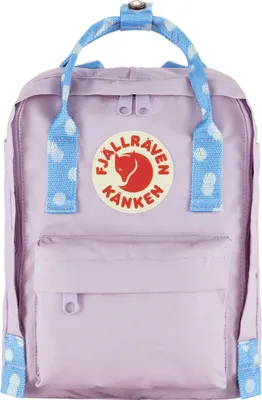 A lilac Fjällräven Kånken Mini backpack with blue and white polka dot straps and trim.