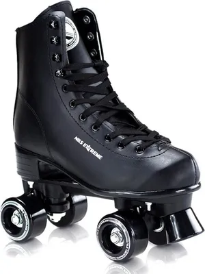 A black roller skate is shown against a white background.