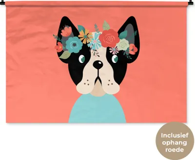 Produktbild von MuchoWow® Wandteppich Wandbehang Hund - Blumen - Krone 120x80 cm Tapisserie Dekoration Wandtuch - Wanddekorationen - Wandtücher