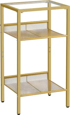 Imagen del producto de Mesa auxiliar dorada de tres niveles, ideal para el salón o el dormitorio, con base de vidrio y rejilla (EGD04DH01)