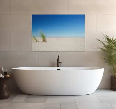 Produktbild von Wallario wasserfestes Poster selbstklebend 70 x 100 cm, Sandstrand unter blauem Himmel, Badezimmerposter Spritzschutz mit Hochglanzoberfläche in Glasoptik