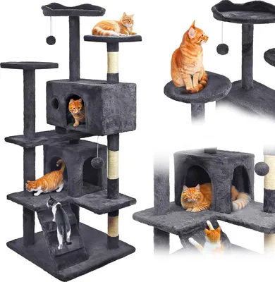 Multiple views of a multi-level cat tree with cats on it.