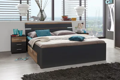 Produktbild von Bettanlage Jugendbett Bettgestell Ehebett Bettrahmen Doppelbett Bett "Isobel I" Graphit/Montana Oak
