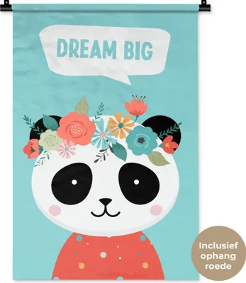 Produktbild von MuchoWow® Wandteppich Wandbehang Panda - Blumen - Zitat 60x90 cm Tapisserie Dekoration Wandtuch - Foto-Teppich - Abwaschbar
