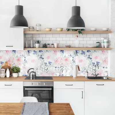 Produktbild von Küchenrückwand Muster selbstklebend - 0.65 mm Wandpaneel wasserfest Rose rosa Aquarell Illustration Spritzschutz fugenlos
