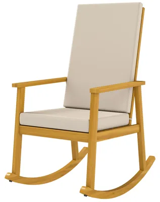Image de Fauteuil à bascule avec dossier haut, fauteuil à bascule en bois d'acacia, fauteuil à bascule en bois, couleur beige | Dossier de 63 cm | Capacité jusqu'à 160 kg | Dimensions : 89 x 60 x 107 cm