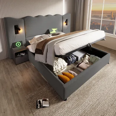 Image de MODFU Lit Coffre 160x200 cm - Lit Adulte avec Lampe de Lecture et Ports USB Type-C, Capitonné en Lin et Bois, Sans Matelas - Gris