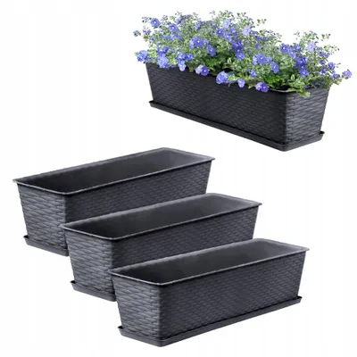 Produktbild von OMAGO Balkonkasten 60cm (3 Stück) Graphit mit Untersetzern