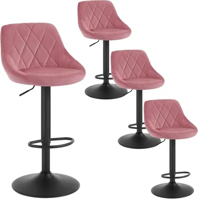 Four pink velvet bar stools with black bases and adjustable height mechanisms are arranged on a white background.