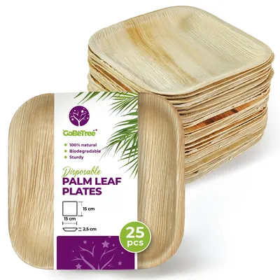 25 Palmblatt-Einwegteller, quadratisch 15 cm, für Kuchen