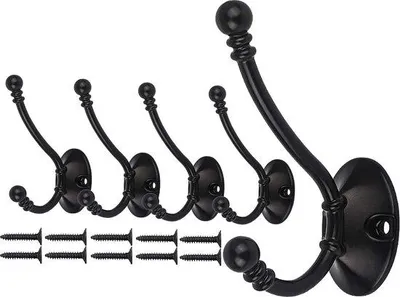 Image de 5 crochets muraux métalliques noirs, crochets doubles, très résistants