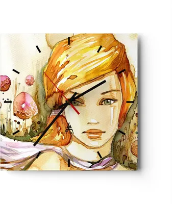 Produktbild von Wanduhr - Quadrat - Glasuhr - Frau Sommer Blume - 30x30cm - Schleichendes Uhrwerk - Lautlos - zum Aufhängen bereit - Dekoration Modern - Wanddekoration aus Glas - C3AC30x30-3538