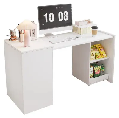Zdjęcie produktu dla Składany biurko - wielofunkcyjny stół z szafką - 126 x 55 x 72,5 cm - 2 przegródki do przechowywania - płyta wiórowa z drewnianą ramą - biały