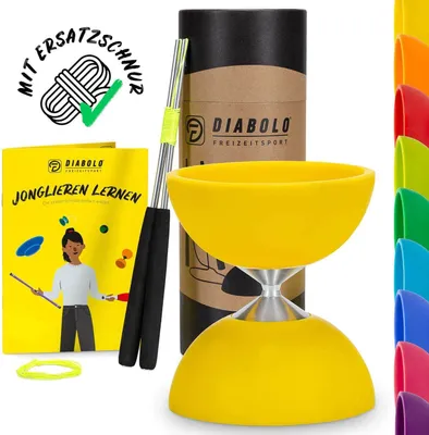 Produktbild von Diabolo Freizeitsport Diabolo Set Basic (gelb) mit starrer Achse - inkl. Alu-Handstäben, Ersatzschnur, Anleitung und Geschenkverpackung