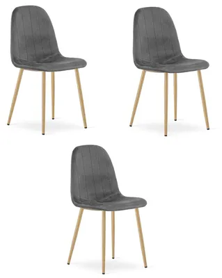 Produktbild von 3er-Set Stühle mit Samtsitz in Dunkelgrau und Metallbeinen in Eichenoptik, 44,5x53x87 cm