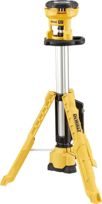 A yellow and black DeWalt LED work light on a tripod stand, isolated on a white background.