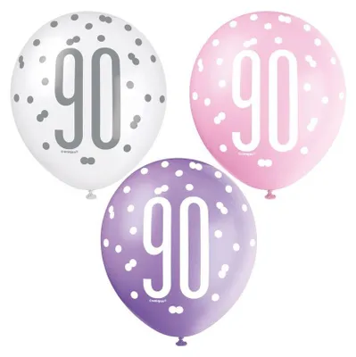 Produktbild von 6 Luftballons rosa & silber Zahl 90