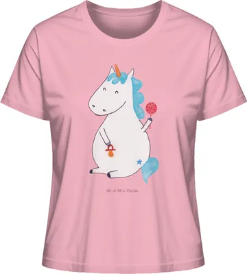 Produktbild von Mr. & Mrs. Panda Kurzarmshirt Damen Einhorn Baby Größe L - Baumwolle Pink - Geschenk, Rundhals T-Shirt, Geburt, Baumwoll, Basic Shirt, Unicorn, Einhörner, Oberteil, Party