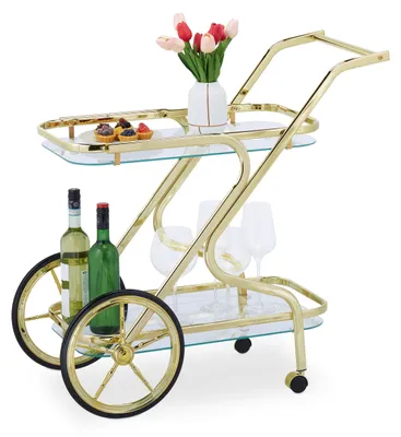 Image de Chariot de service en laiton - Chariot sur roulettes - Serviteur - Trolley - Table d'appoint - Avec 2 étagères en verre