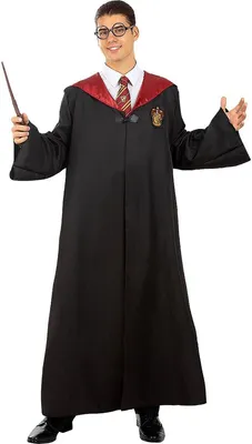 A person wearing a Harry Potter Gryffindor robe and holding a wand.