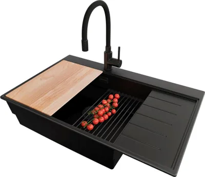 Produktbild von PRIMAGRAN Granitspüle Alles Schwarz 78x50cm, Spülbecken 1 Becken + Ablauf-Set + Küchenzubehörset, Küchenspüle ab 60er Unterschrank - Sydney