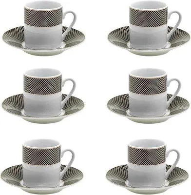 Productafbeelding van Set van 6 elegante porseleinen koffiekopjes met schoteltjes - Wit/Goud/Zwart - 90 ml