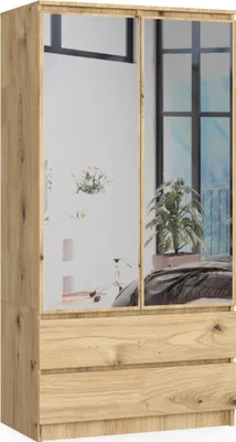 Produktbild von Kleiderschrank AKORD S90 mit Spiegel Eiche Artisan 90 cm 2 Türen 2 Schubladen 4 Ebenen B90 x H180 x T51 cm