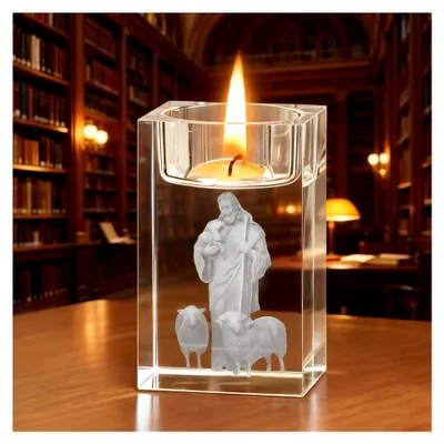 Produktbild von 3D Kristallglas Teelichthalter Jesus Kerzenhalter Windlicht Kerzenständer Glas Deko