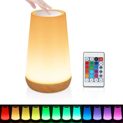 Produktbild von Vaileal LED Nachttischlampe, Touch Dimmbar Atmosphäre Tischlampe mit Fernbedienung USB-Aufladung, 13 Farben und Farbwechsel, Tragbare Kinder Stimmungslicht für Schlafzimmer/Wohnzimmer/Büro – Holzfarbe