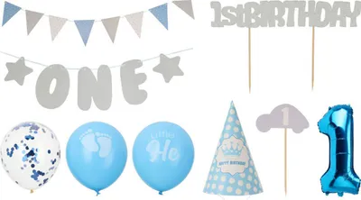 Immagine prodotto di Decorazione di compleanno 1° compleanno bambino blu - Set di 9 pezzi di decorazione in cartone