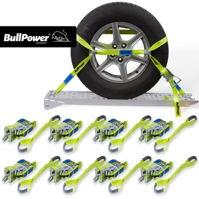 Produktbild von 8x BullPower Spanngurte AZG151 - Autotransport PKW Zurrgurte Reifengurte Transportsicherungen 35mm - LC 3000 kg / daN mit Trapezband, Ratsche und Haken