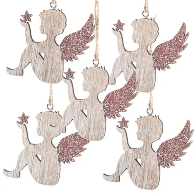 Produktbild von 5 Engel aus Holz mit Schnur zum Aufhängen - natur rosa 7 cm