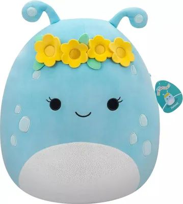 A blue plush toy with yellow flowers on its head, set against a white background.
