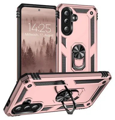A rose gold phone case with a built-in ring stand is displayed from multiple angles, with a phone showing a forest scene on its screen visible in the background.
