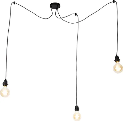 A black pendant light fixture with three exposed bulbs hanging from wires against a white background.