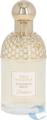 A clear studio shot of a bottle of Guerlain Aqua Allegoria Mandarine Basilic Eau de Toilette for women.
