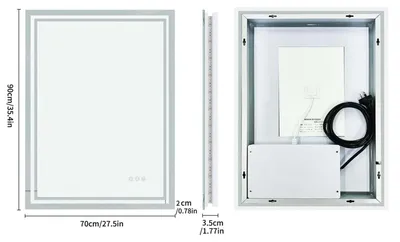 Image de Miroir de salle de bain à LED - Miroir mural rectangulaire 70 x 90 cm - Éclairé - Intensité réglable - Anti-buée - Incassable - Sans cadre - Argent