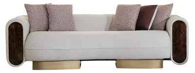 Zdjęcie produktu dla Stylowa trzyosobowa sofa w kolorze beżowym, w stylu minimalistycznym, z drewnianymi podłokietnikami