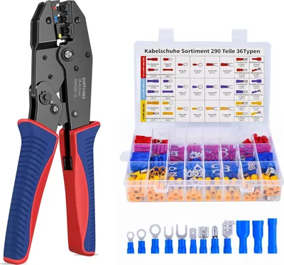 Produktbild von GUPTOMES Crimpzange, 36 Arten Kabelschuhe Set, Crimping Pliers, Crimpzangen-Aderendhülsen-Set with 290 Insulated Cable Lugs Tool Kit 0.5-6 mm² (AWG 20-10)