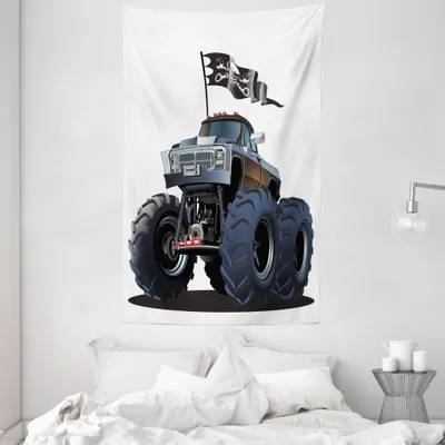 Produktbild von ABAKUHAUS Karikatur Wandteppich und Tagesdecke, Monster Truck-Pirat aus Weiches Mikrofaser Stoff Waschbar ohne Verblassen Digitaldruck, 140 x 230 cm, Kadett Blau Weiß