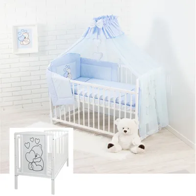 Produktbild von 12 Teiliges Kinderbett mit Matratze Bettzeug und Zubehör - Teddybär mit Herz Blau