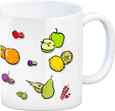 Produktbild von Kaffeebecher in weiß zum Thema Obst mit verschiedenen Früchten