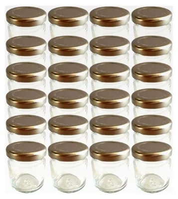 Produktbild von 100er Set Mini Sturzgläser 53 ml mit silbernem Deckel und 100 weißen Etiketten zum Beschriften