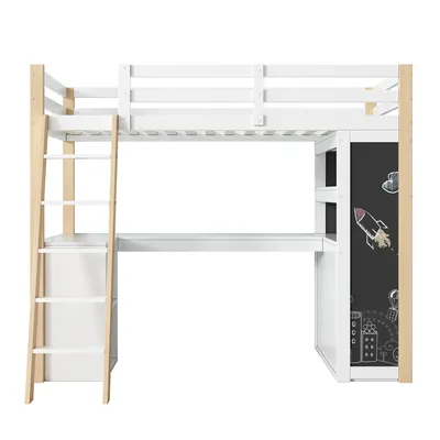 Obrázek produktu pro okwish Patrová postel 90*200 Dětské postele, Multifunkční dětská postel s žebříkem, Psacím stolem, Úložným prostorem, Velkou zásuvkou, Tabulí, Knihovnou, bez matrace, Bílá & Přírodní