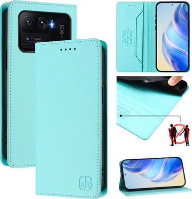 Produktbild von Lederhülle für Xiaomi Mi 11 Ultra Hülle Flip Brieftasche Kartenfächern Ständer Schutzhülle Türkis