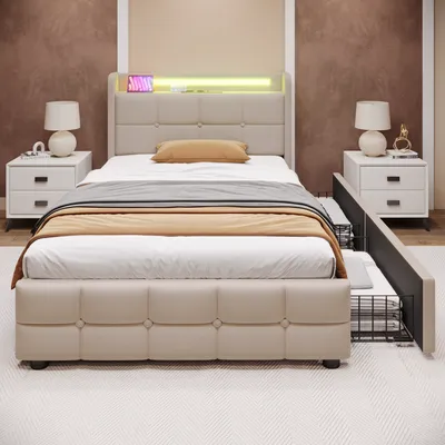 Produktbild von okwish Einzelpolsterbett 90x200 cm, LED-Beleuchtung, 2 Schubladen, USB-Ladekopfteil mit Stauraum, Holzlattenrost, Beige (ohne Matratze)